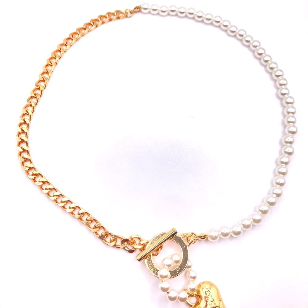 Asymmetrical Gold Curb Chain Faux Pearl Heart Pendant Necklace
